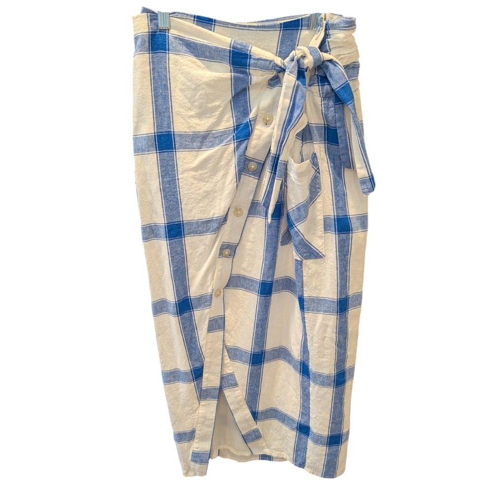 Maeve Anthropologie Blue White Plaid Linen Blend Wrap Midi Skirt Size 2